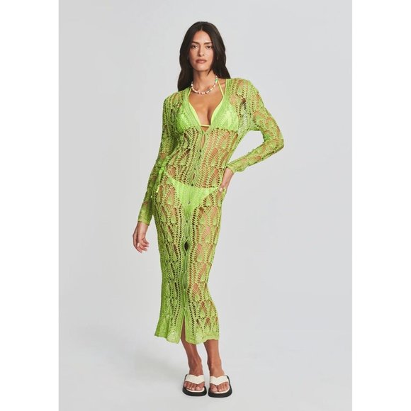 SER.O.YA Allison Crochet Cardigan Lime Green Long Cover Up - Picture 2 of 6